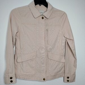 LOFT Cream Utility Jacket Cotton/Stretch Full Zip Snap Buttons ElasticCinch Sz S